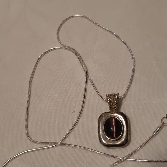 Purple Cats Eye Stone Necklace  Necklace Is Stamped 925, 24.5" Long,Pendant 1" L - Picture 7 of 8